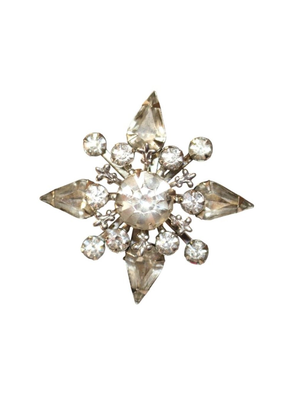 Vtg Clear Rhinestone Snowflake Starburst Brooch Pin Silver Tone Jewelry
